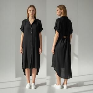 Anthropologie Black 100% Cotton Shirt Dress Back Cutout XSP